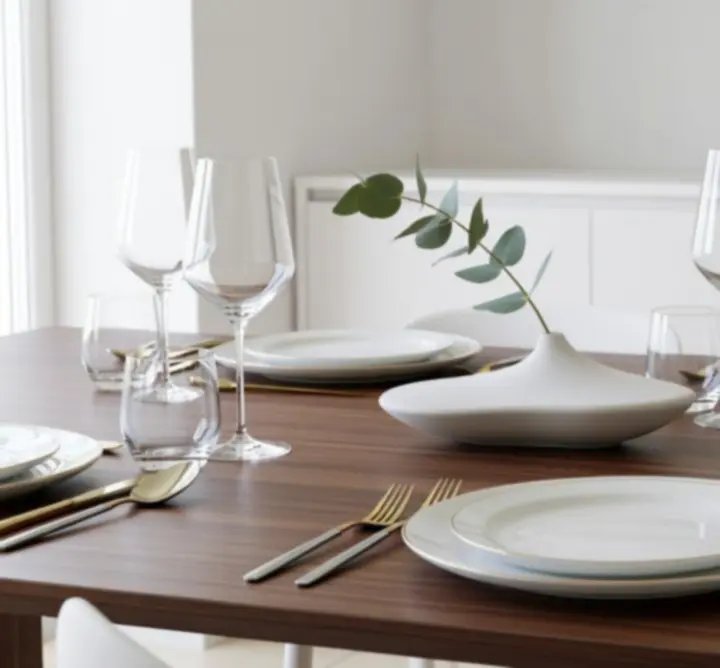 Elegancko nakryty stół z porcelanową zastawą i szkłem Dining Market PL