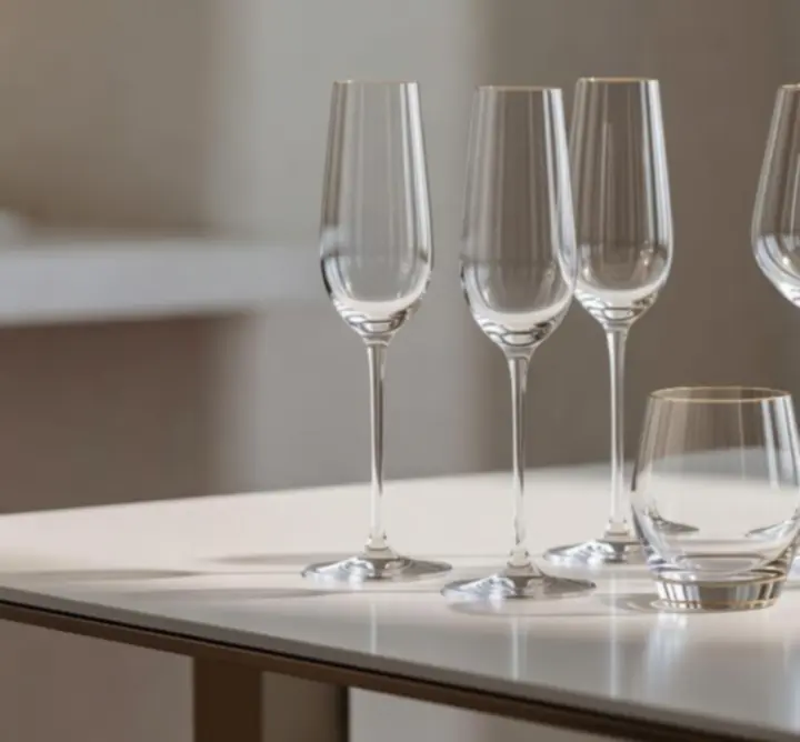 Elegancka kolekcja szkła stołowego Dining Market PL na nowocześnie nakrytym stole.