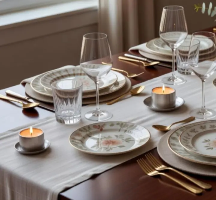 Inspirująca aranżacja stołu z dopasowanymi talerzami, szkłem i sztućcami