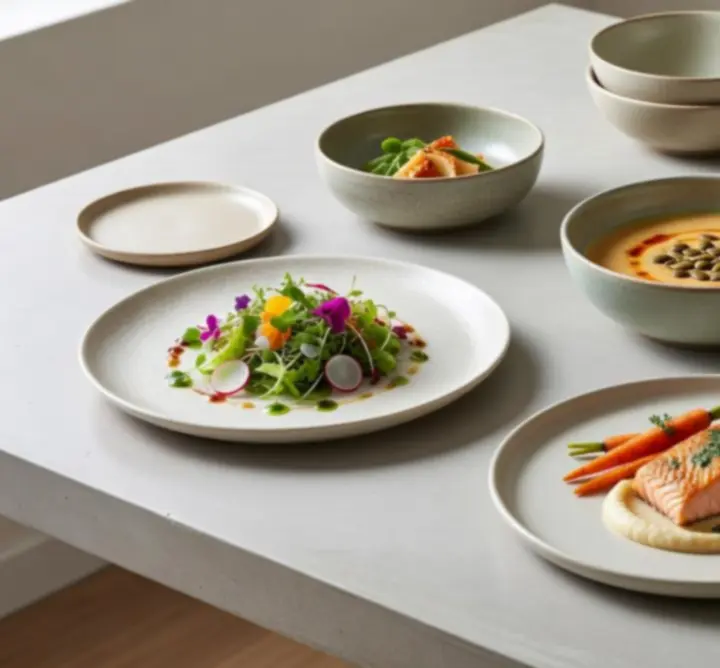 Zestaw talerzy i misek w nowoczesnych kształtach i neutralnych kolorach