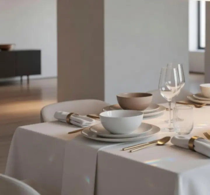 Elegancko nakryty stół z nowoczesną zastawą stołową Dining Market PL